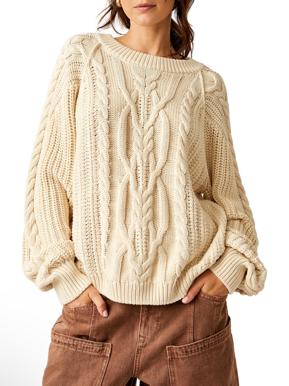 Free People Chunky Cable Knit Sweater in Cream